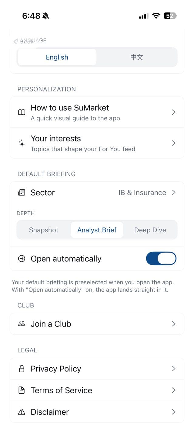 SuMarket Settings: default briefing and language
