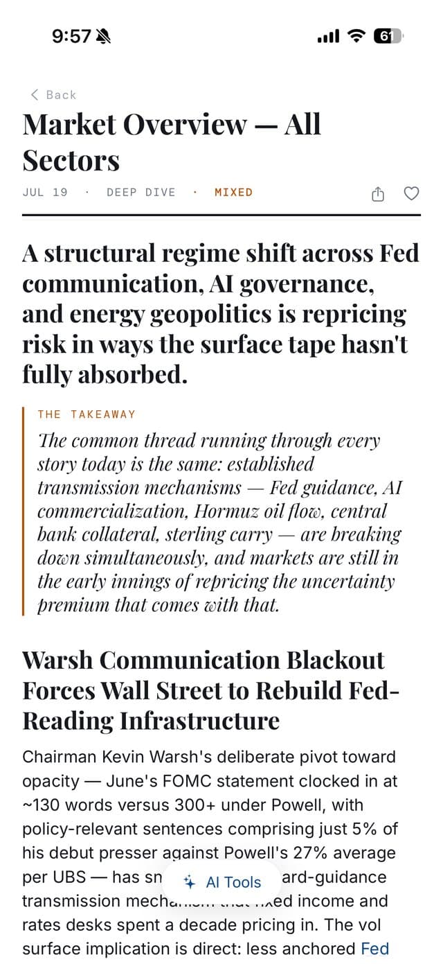 A SuMarket briefing with a headline thesis and 'The Takeaway' pull-quote