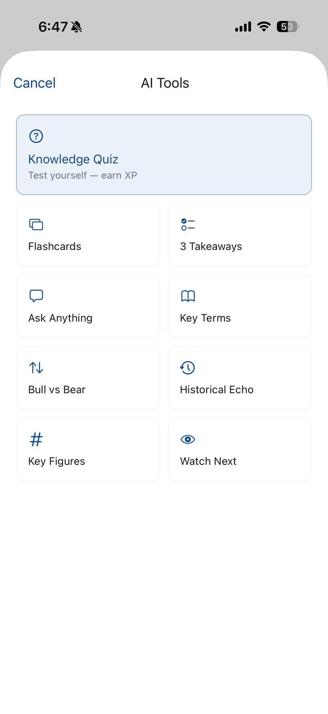 SuMarket AI Tools grid: Knowledge Quiz, Flashcards, Key Terms and more